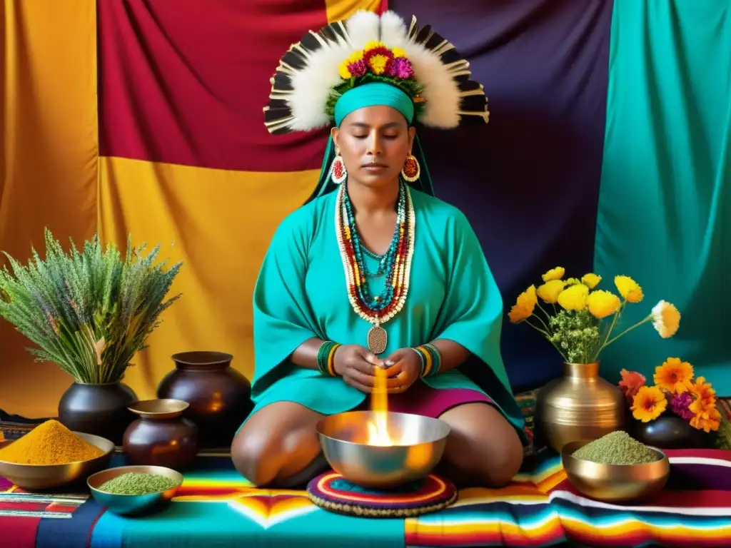 Una vibrante ceremonia de sanación con colores y textiles que representan la psicología del color en rituales