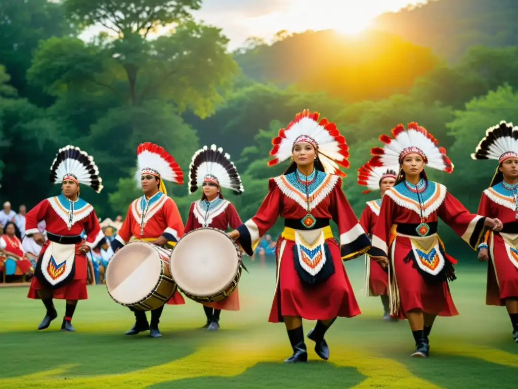 Una vibrante ceremonia de maíz verde tradicional Cherokee se celebra con danzas coloridas y movimientos rituales en un entorno natural exuberante