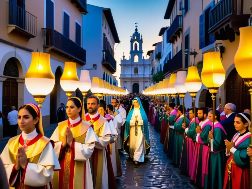 Una procesión vibrante en una ciudad española, con trajes elaborados, pancartas coloridas y altares adornados