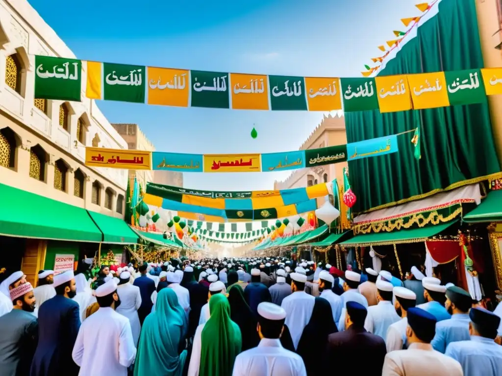 Vibrante celebración del Mawlid alNabi, con procesión colorida y gente unida en la ciudad para honrar el nacimiento del Profeta Muhammad