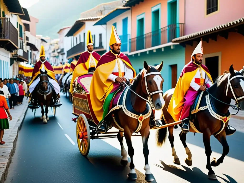 Vibrante procesión de la Romería del Rocío en Andalucía: coloridos trajes, carros decorados y expresiones devotas bajo la cálida luz dorada