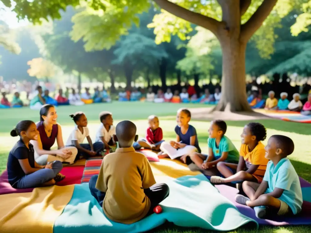 Vibrante comunidad en parque, escuchando y contando historias