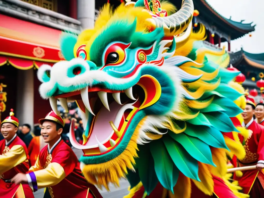 Vibrante danza del dragón chino durante el Año Nuevo, capturando la energía y tradiciones de los rituales de Año Nuevo alrededor del Mundo