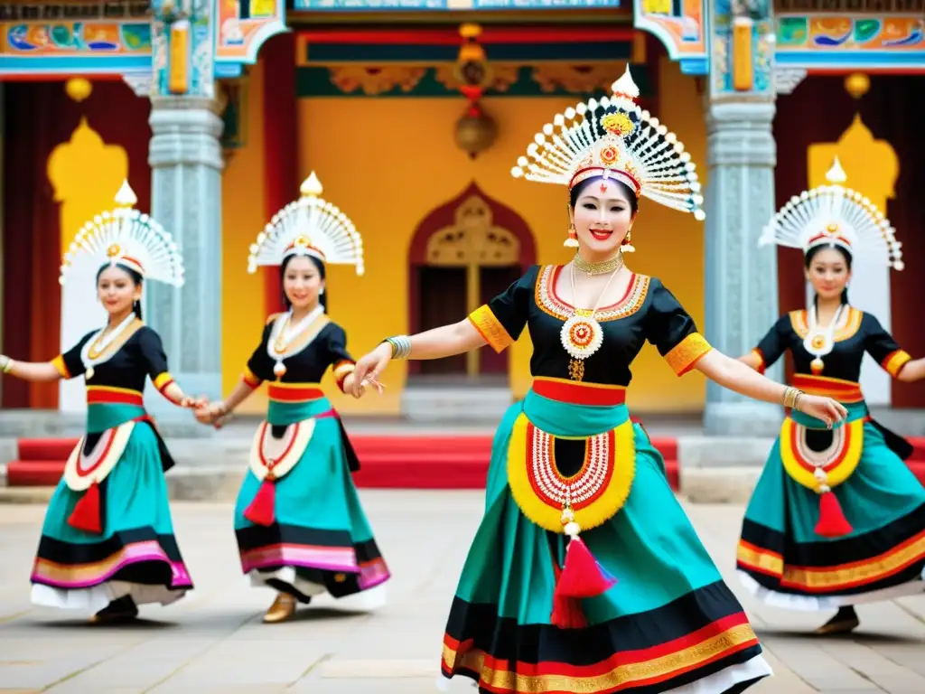 Vibrante danza cultural con vestimenta colorida y significado ritual en un templo decorado