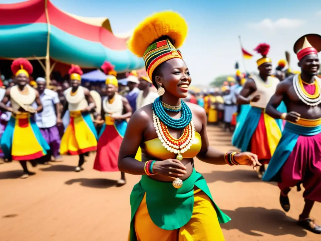 Un vibrante desfile en África, con coloridos atuendos tradicionales, música y alegría