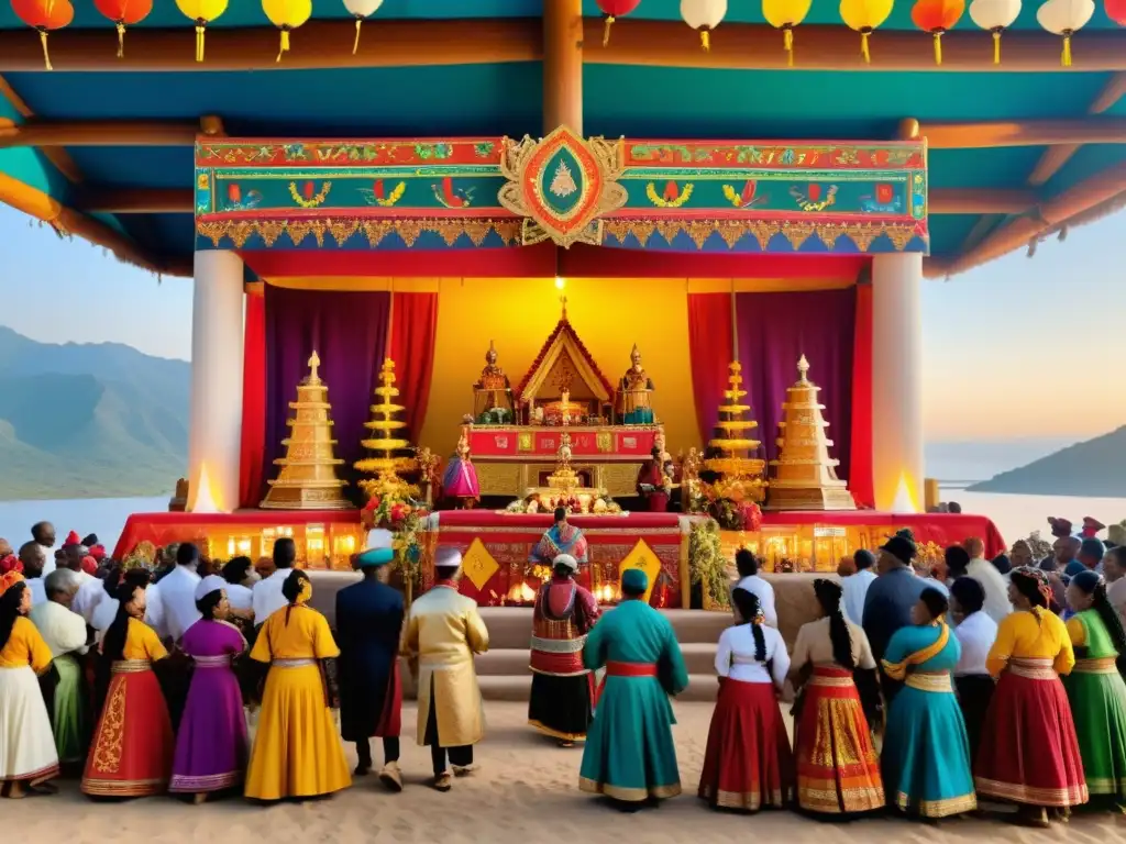 Vibrante escena de rituales festivos alrededor del mundo, con personas en trajes tradicionales reunidas alrededor de un altar decorado