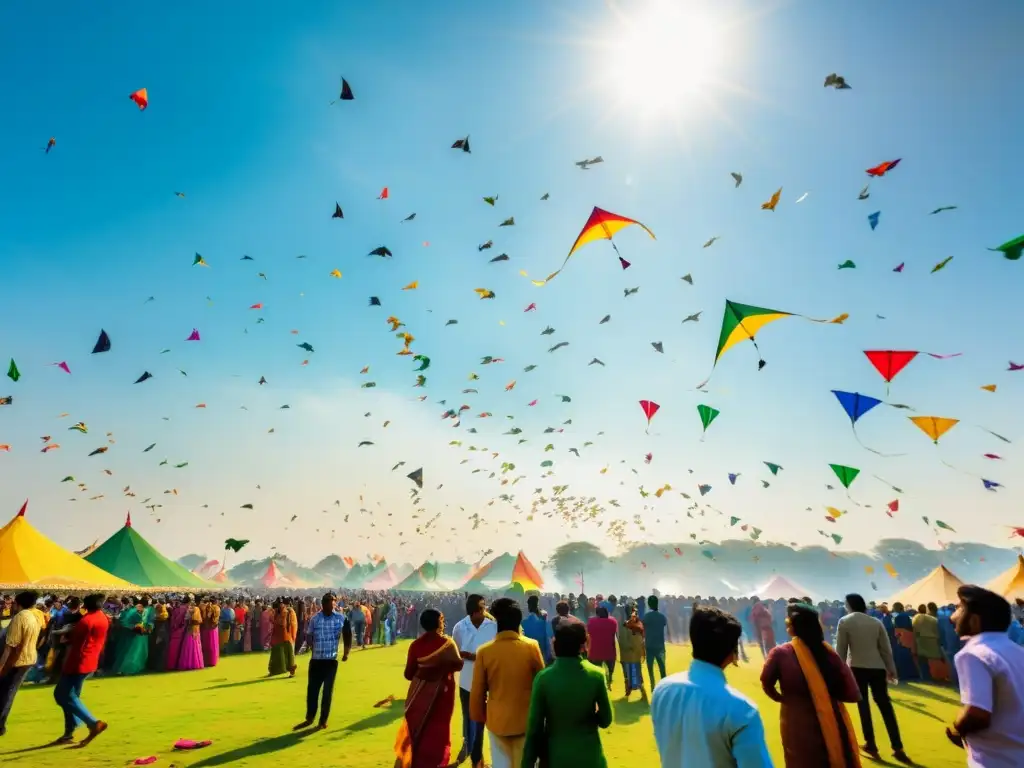 Vibrante festival de cometas durante Sankranti, con rituales de celebración solar Sankranti y coloridas cometas llenando el cielo