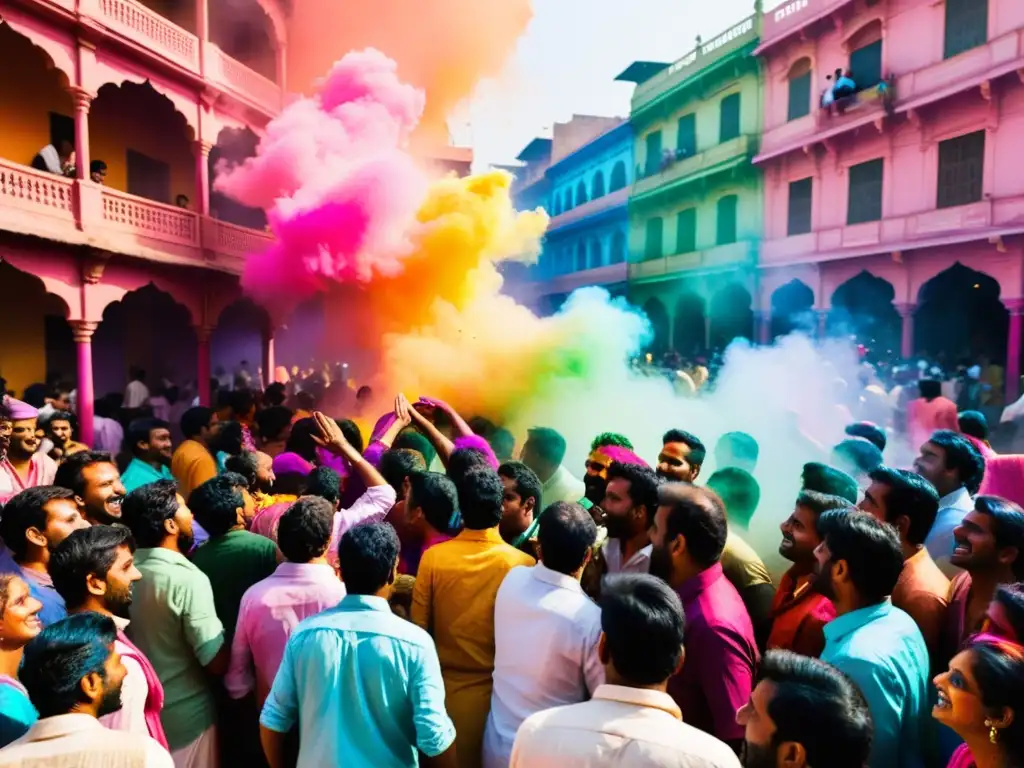 Vibrante festival Holi en la India: gente feliz se lanza polvos de colores en bulliciosa calle decorada