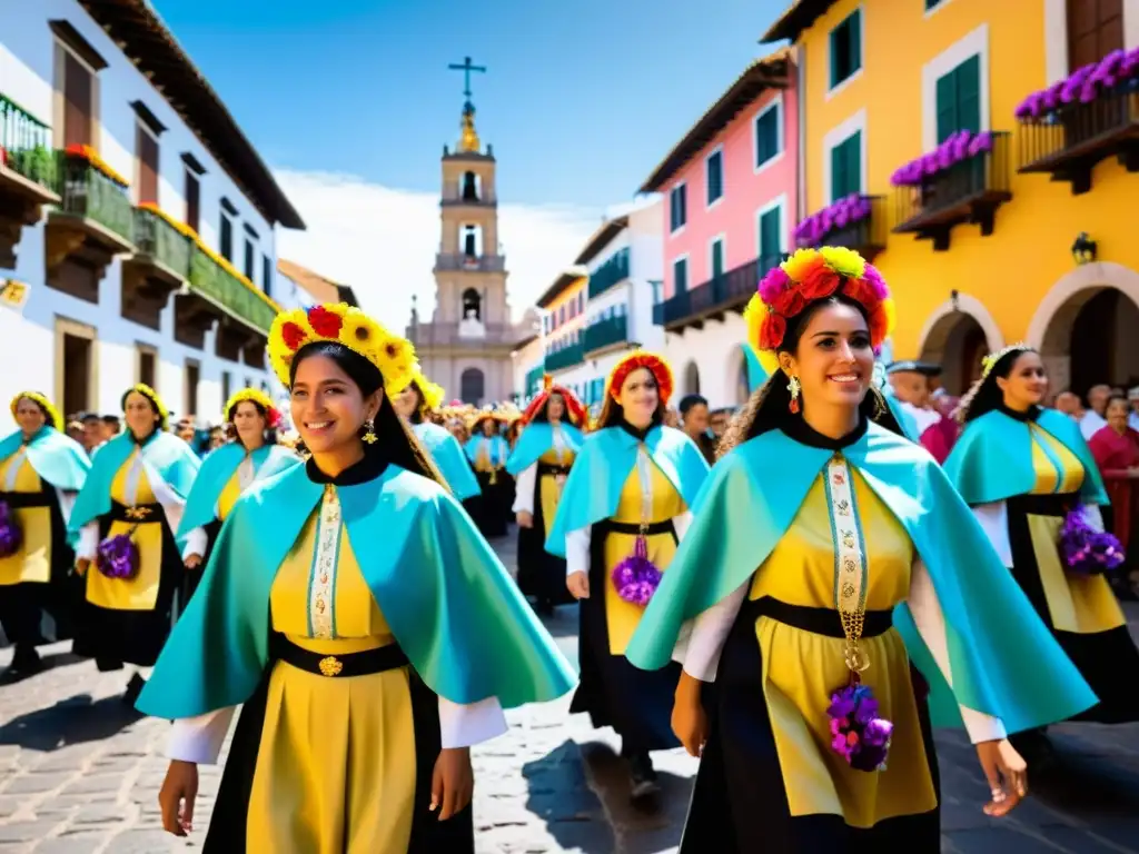 Una procesión vibrante durante la Fiesta de la Inmaculada Concepción, con participantes vestidos con trajes tradicionales y portando arte sacro