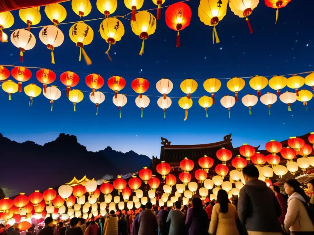 Vibrante Fiesta de las Linternas en China: cientos de coloridas linternas iluminan el cielo nocturno sobre un pueblo tradicional chino, creando un ambiente festivo y culturalmente impresionante