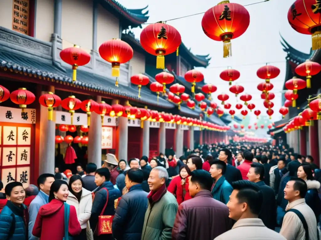 La vibrante Fiesta de las Linternas en China llena de colorido la bulliciosa calle, con faroles rojos que iluminan la escena festiva y cultural