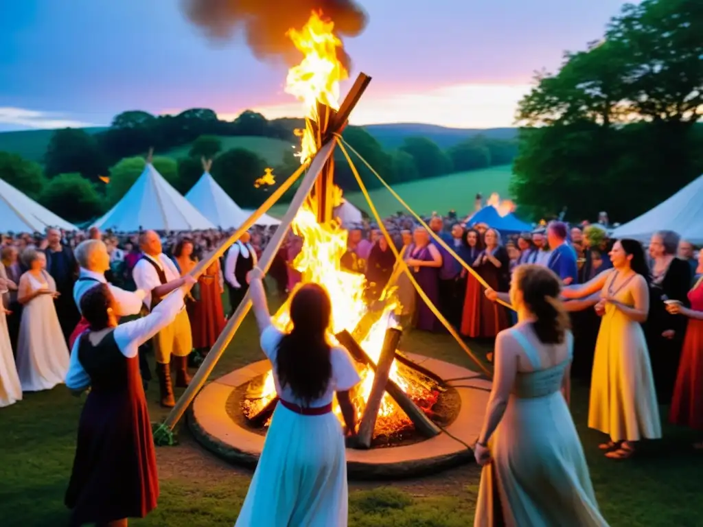 Un vibrante Beltane, con un gran fuego central, danzas alrededor del poste de mayo y atuendos coloridos