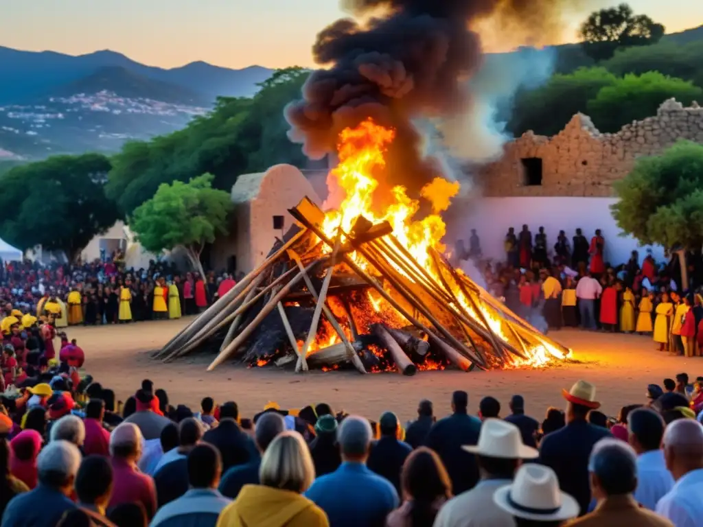 Vibrante hoguera en festival 'Las Hogueras de San Juan' celebra rituales de Solsticio de Verano con gente y antiguas estructuras de piedra