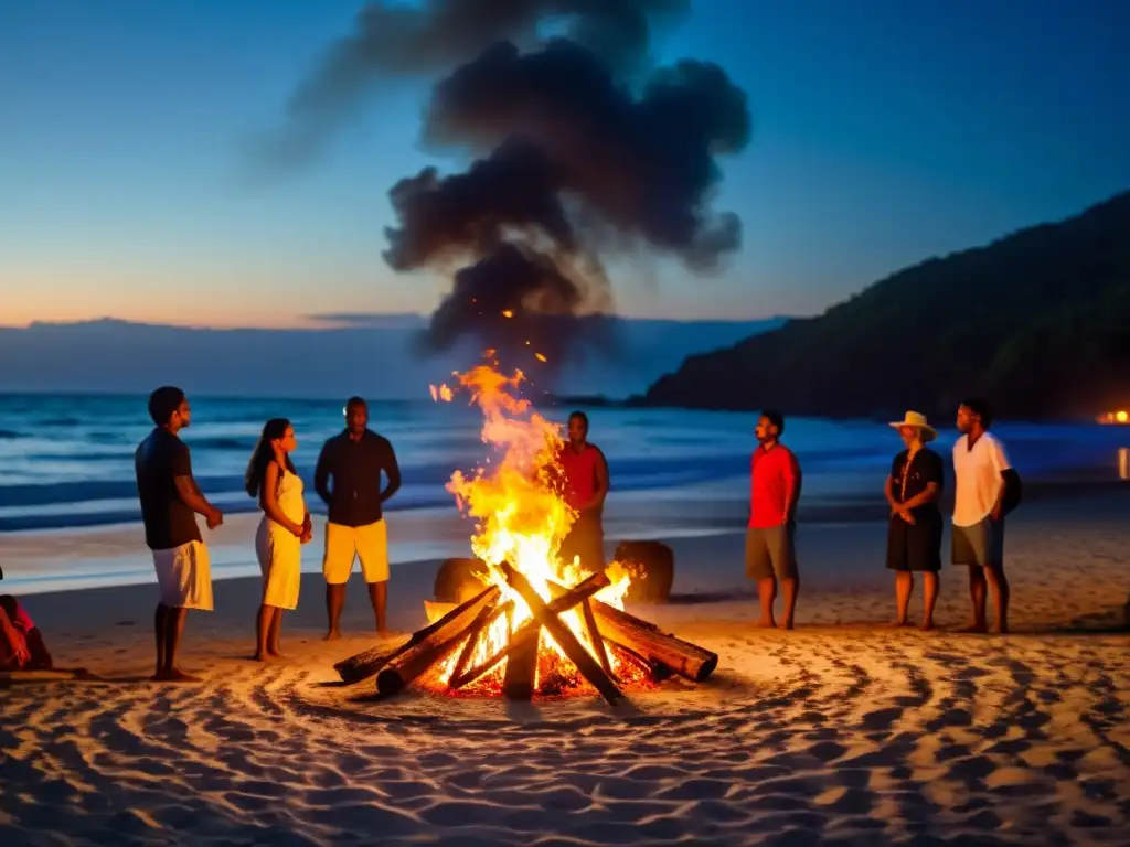 Vibrante hoguera en la playa durante los rituales Noche de San Juan, con personas reunidas alrededor en la oscuridad iluminada por el fuego