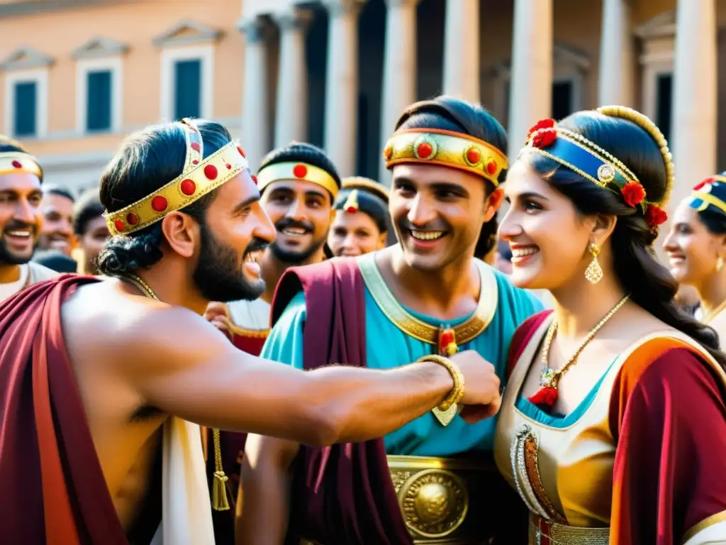 Vibrante celebración de Lupercalia en la antigua Roma, con coloridos atuendos y rituales ancestrales