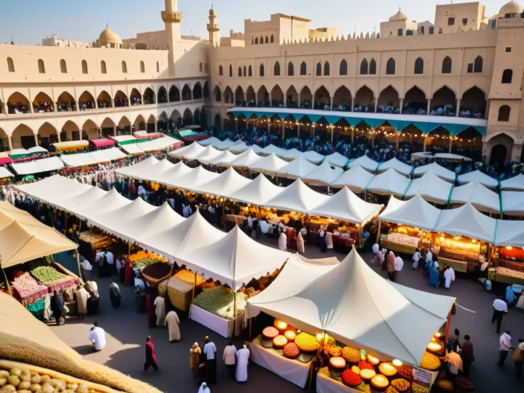 Vibrante mercado al aire libre en una ciudad del Medio Oriente durante Eid al-Adha, con puestos coloridos y gente animada