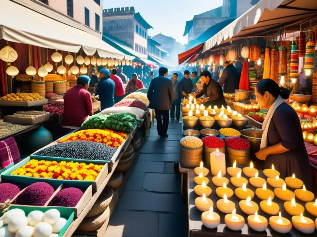 Vibrante mercado callejero con la comercialización actual de ofrendas y regalos, resaltando la riqueza cultural y tradiciones ancestrales