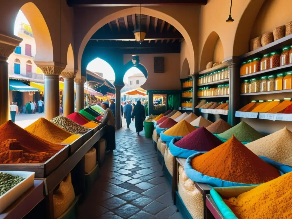 Vibrante mercado de especias en el Mediterráneo, con bolsas coloridas creando una mosaico de colores