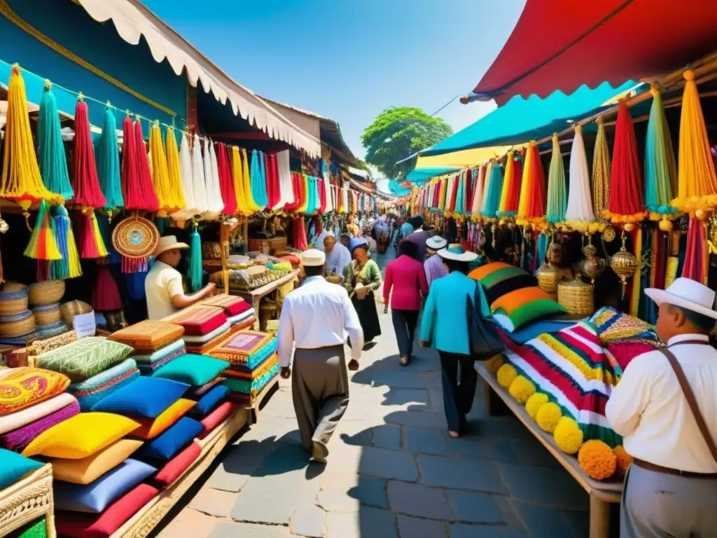 Vibrante mercado local con decoraciones religiosas, artesanías y comercio