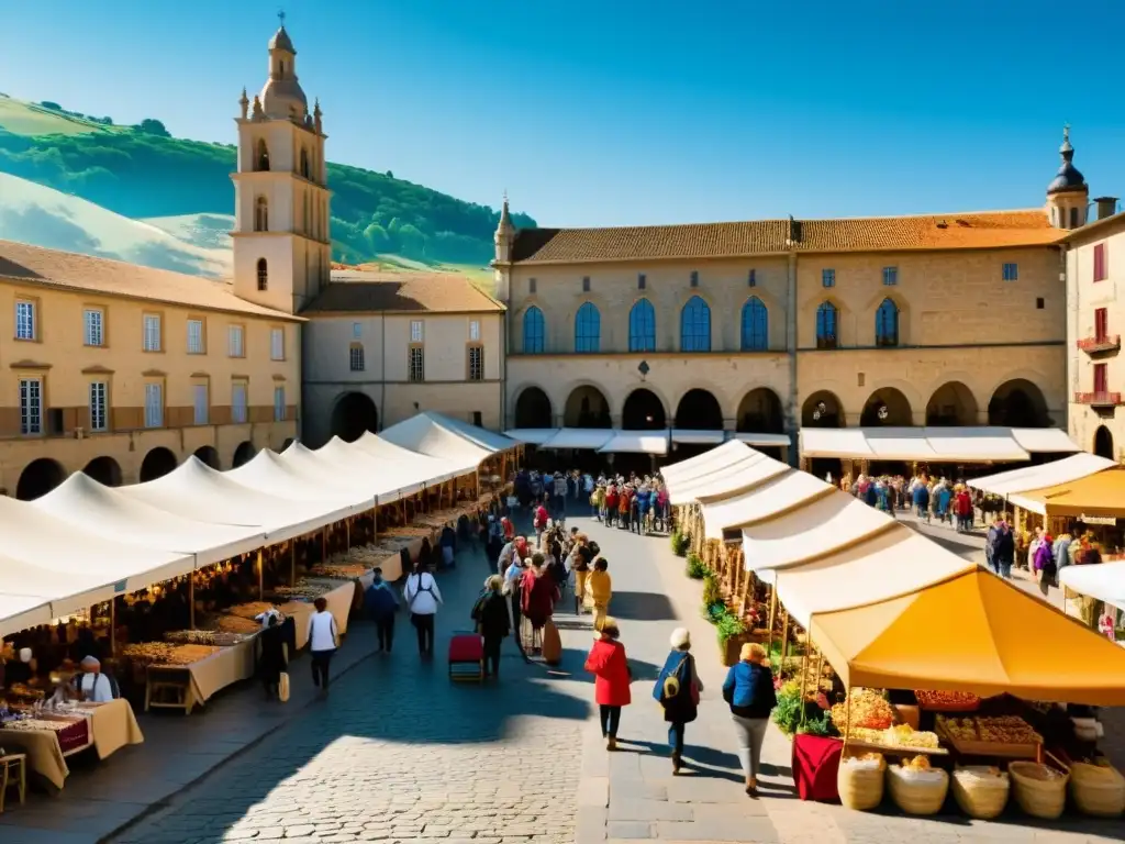 Vibrante mercado moderno en el Camino de Santiago, con peregrinos de todo el mundo disfrutando de la cultura y el comercio