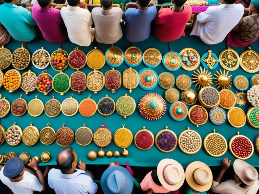 Vibrante mercado con venta de amuletos y talismanes, reflejando la economía y rituales culturales