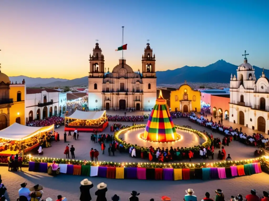 Una vibrante celebración mexicana con mariachis, banderas y luces, capturando la esencia de la histórica festividad