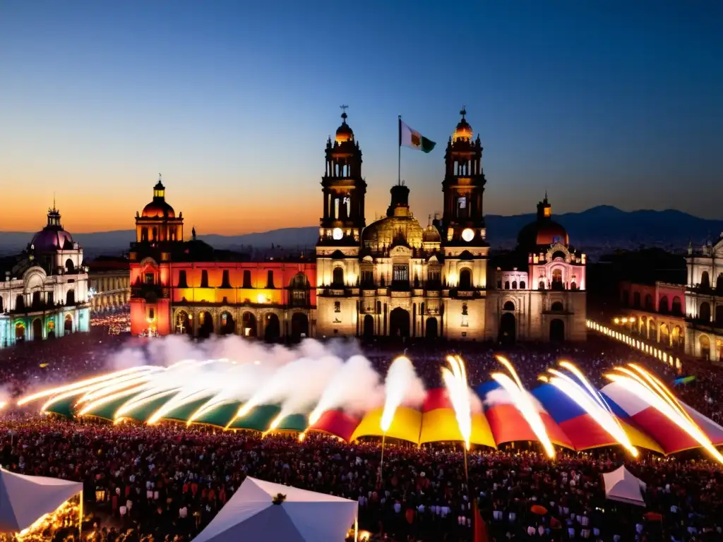 Vibrante celebración mexicana en el Zócalo de la Ciudad de México con fuegos artificiales, gente vestida con trajes tradicionales y el presidente en el balcón del Palacio Nacional