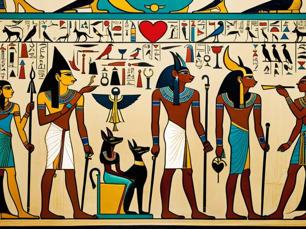 Vibrante mural egipcio detallado que muestra rituales de juicio del corazón con Anubis, Thoth y Osiris, en alta resolución y colores intensos