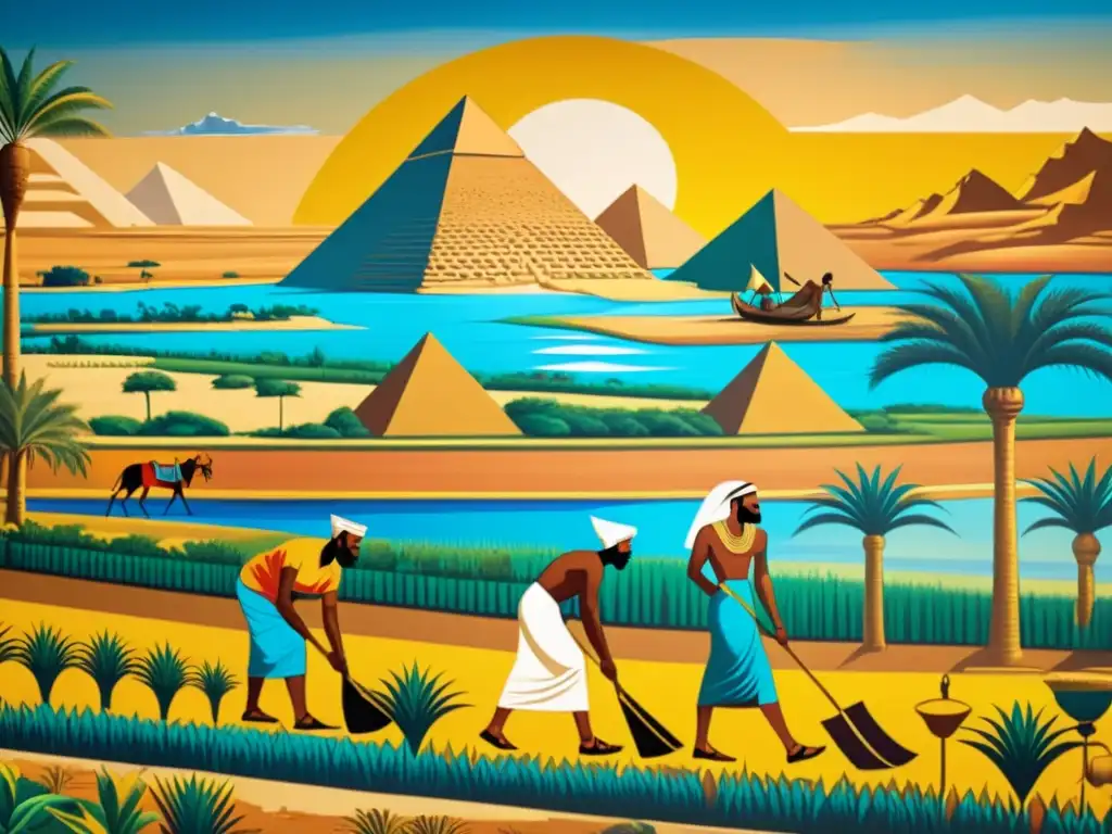 Un vibrante mural muestra rituales agrícolas en Egipto, con gran detalle y colores ricos, capturando la esencia de la vida agrícola en el valle del Nilo