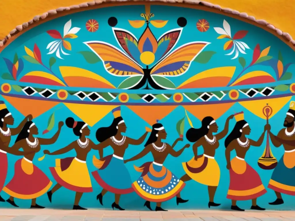 Vibrante mural ritualístico con significado colores rituales culturas, personas danzando frente a él, lleno de energía y movimiento