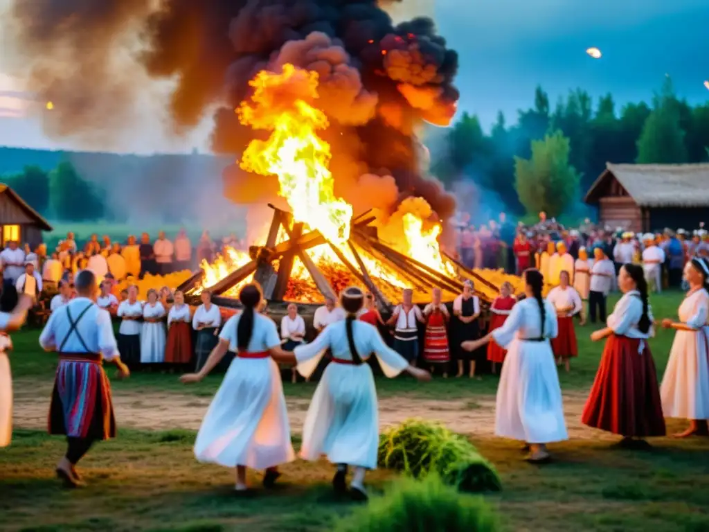 Vibrante celebración de Iván Kupala Night en un pueblo eslavo, fusionando paganismo y cristianismo