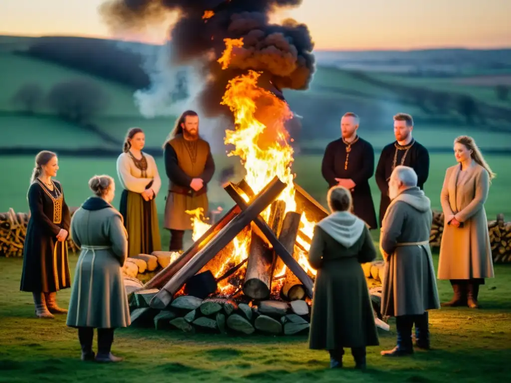 Vibrante celebración Imbolc tradición pagana en el campo con fuego y símbolos celtas