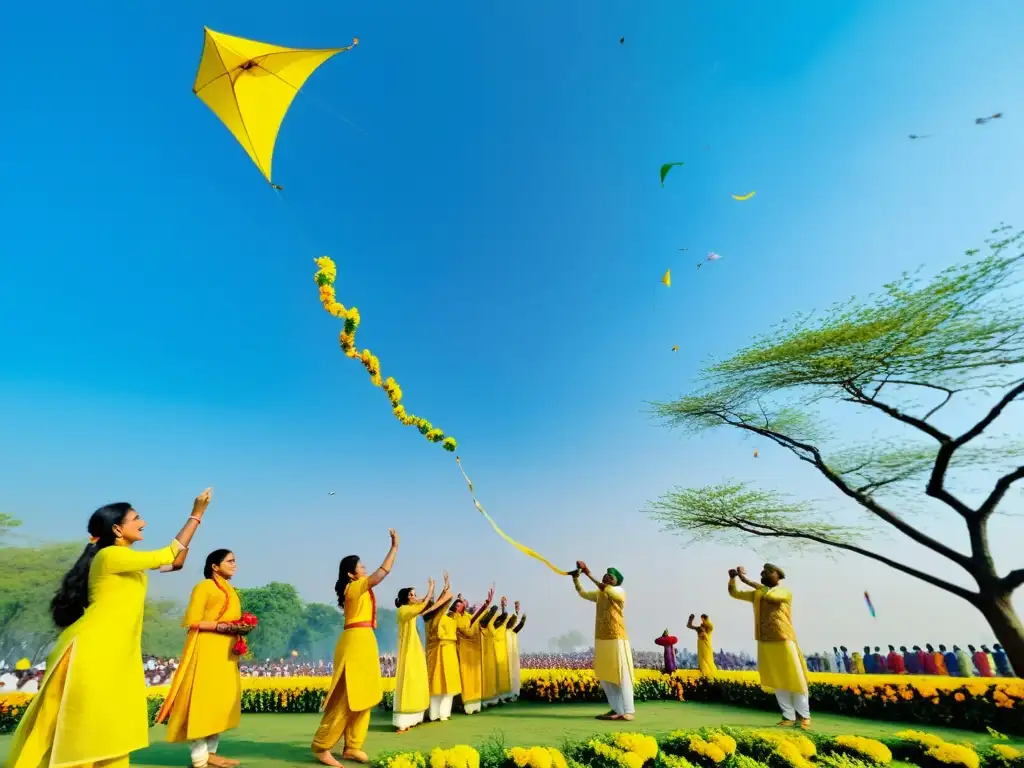 Vibrante celebración de Basant Panchami, con gente vestida de amarillo, volando cometas bajo cielo azul