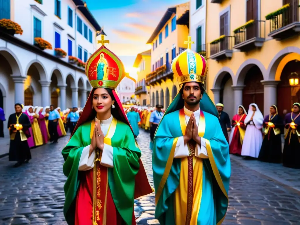 Procesión vibrante de la Asunción de María: participantes llevan estatuas de la Virgen en coloridos atuendos, bajo la cálida luz del atardecer