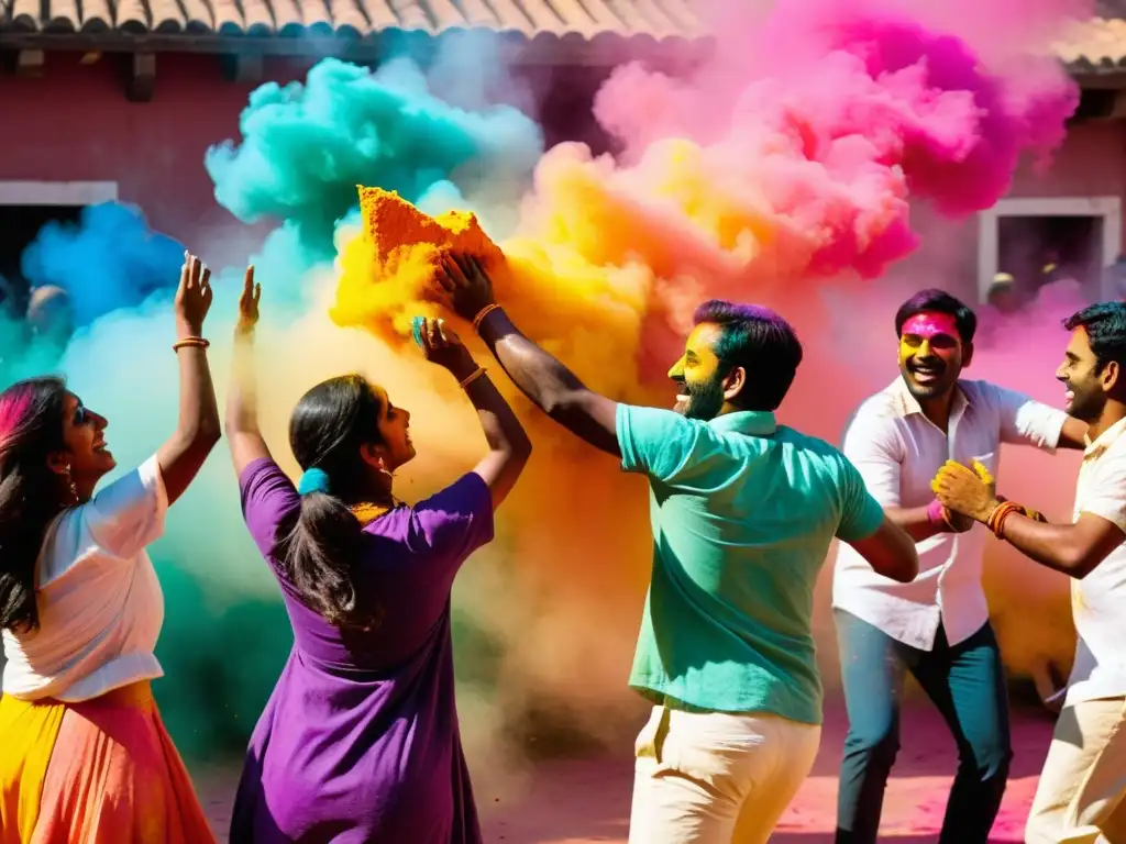 Vibrante celebración del Holi con personas bailando y lanzando polvos de colores al aire