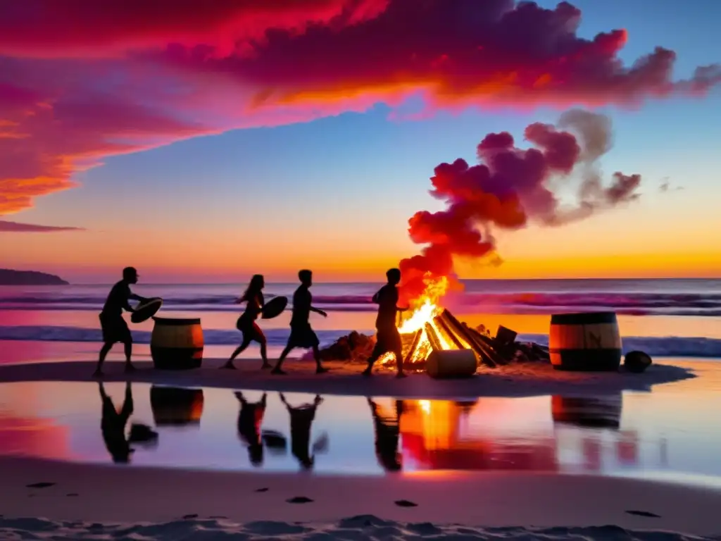 Vibrante celebración en la playa al atardecer con rituales de Solsticio de Verano