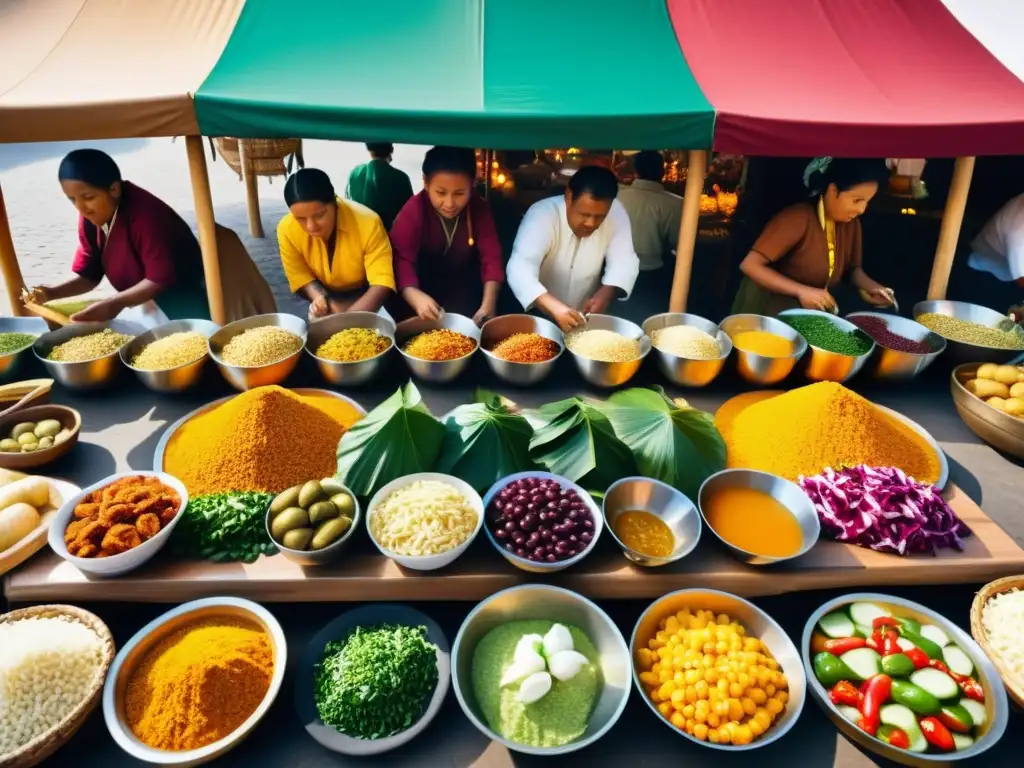 Vibrante ritual alimenticio en mercado: comida y cultura se entrelazan en festividad comunitaria