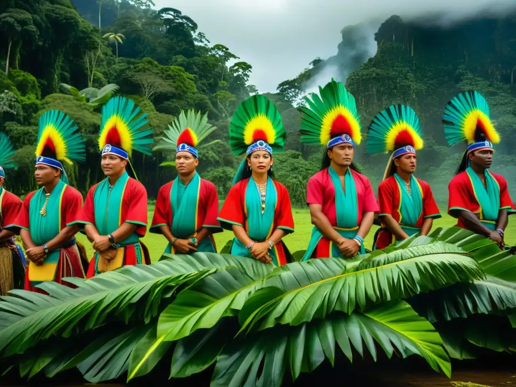 Una vibrante procesión del ritual BoiBumbá en la selva amazónica, con coloridos trajes y danzas dinámicas