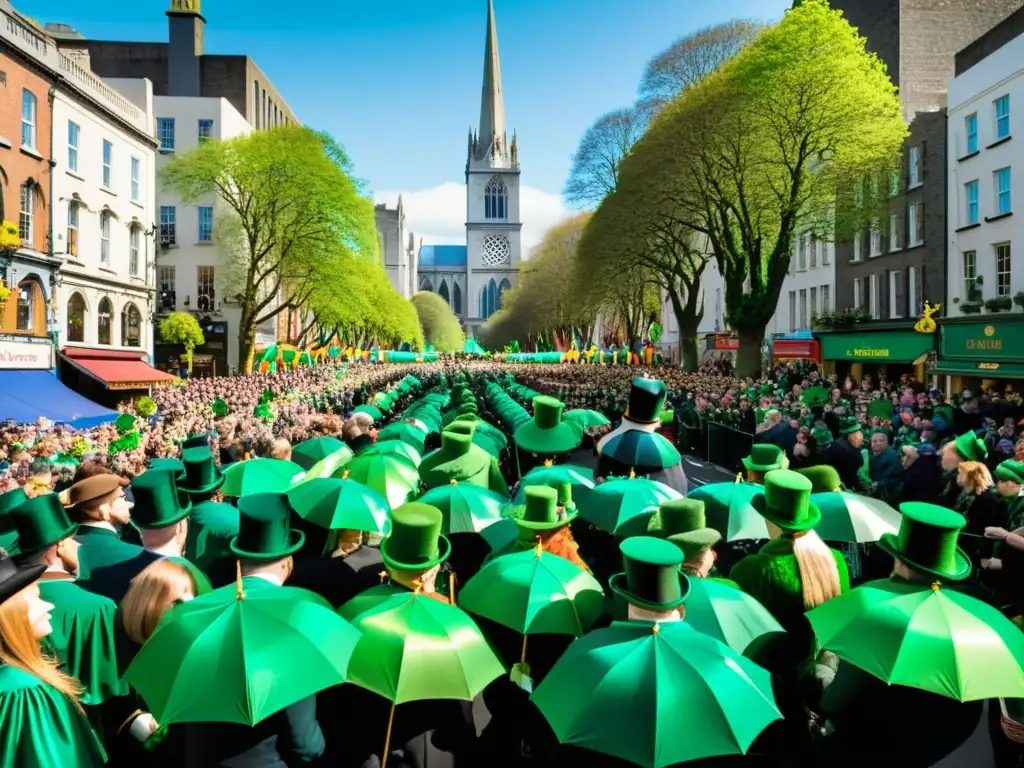 La vibrante Combinación ritual cultura irlandesa durante el desfile de San Patricio en Dublín, con la catedral de fondo