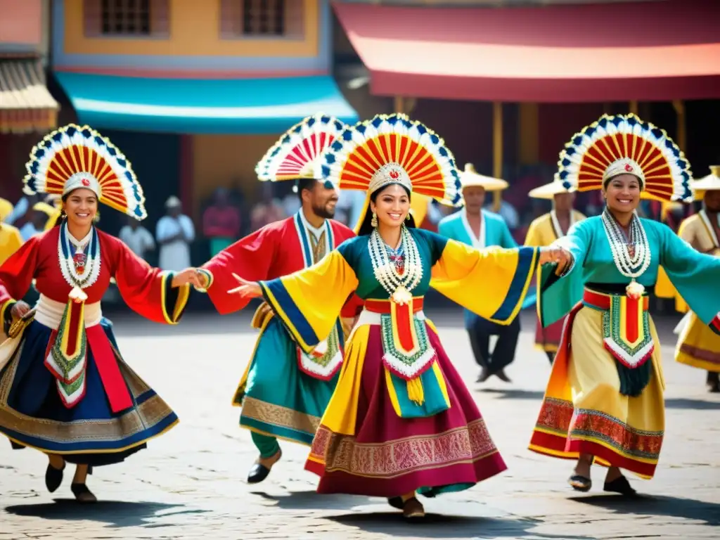 Vibrante ritual cultural en mercado: danza tradicional, trajes coloridos, espectadores inmersos