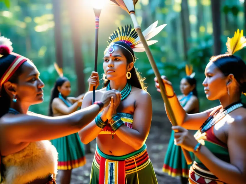 Un vibrante ritual de fertilidad indígena en el bosque con mujeres, dispositivos y herramientas rituales de fertilidad, en la cálida luz del atardecer