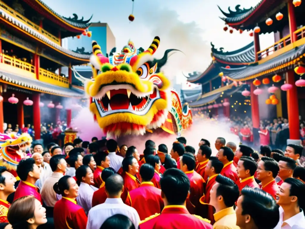 Un vibrante ritual festivo asiático: danza del dragón entre la multitud, confeti colorido, trajes tradicionales y espectadores emocionados