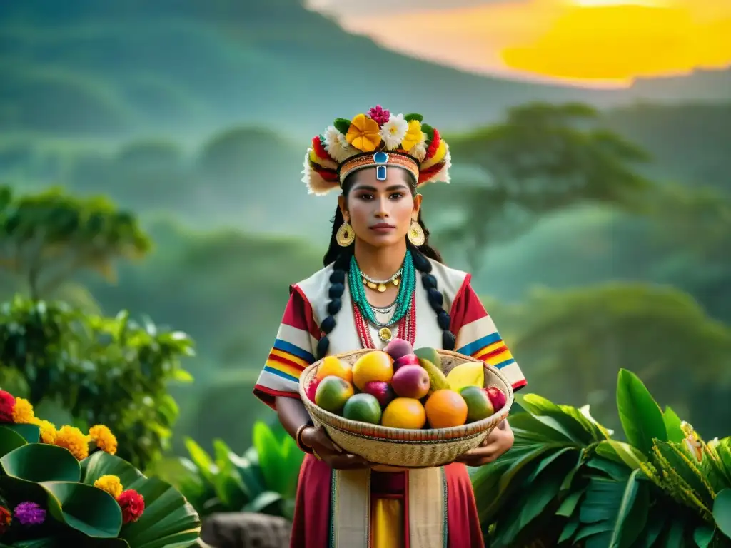 Vibrante ritual maya al amanecer, con danza sagrada y ofrendas de frutas y flores, simbolizando la abundancia