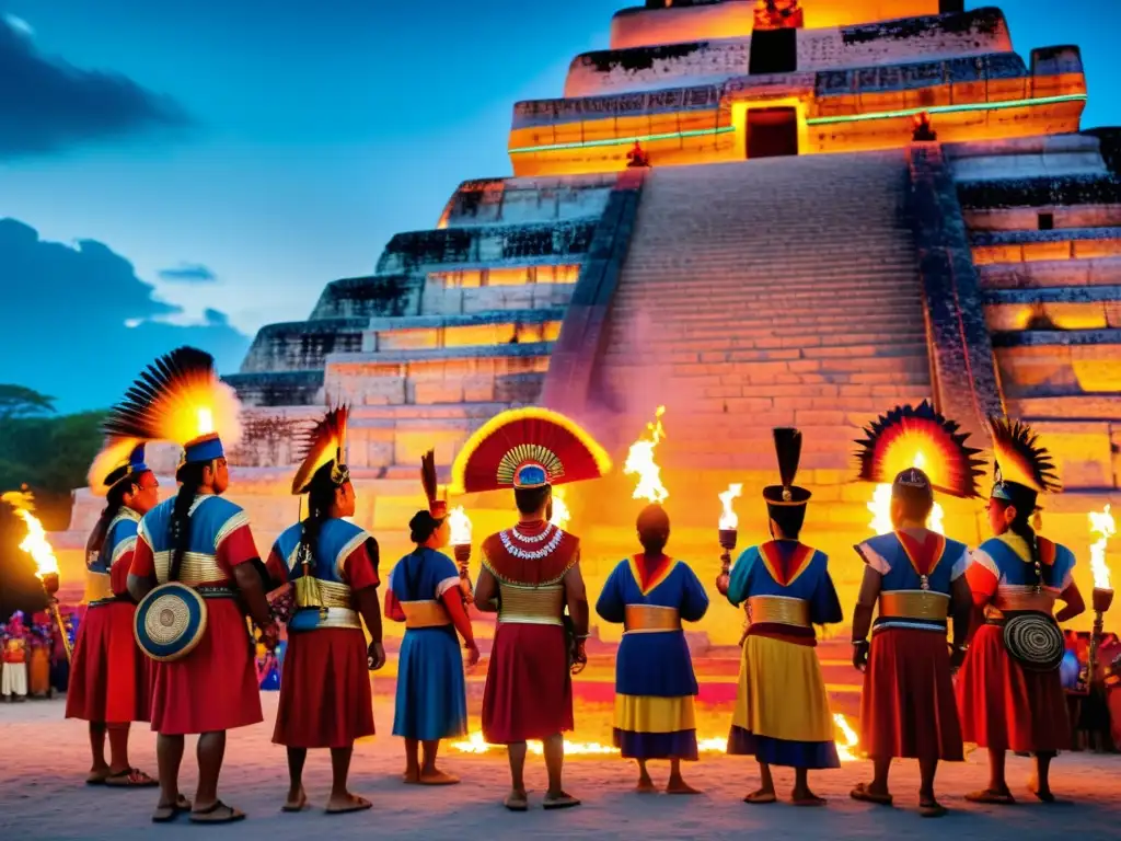 Una fotografía vibrante de un ritual maya con participantes coloridos y un templo antiguo