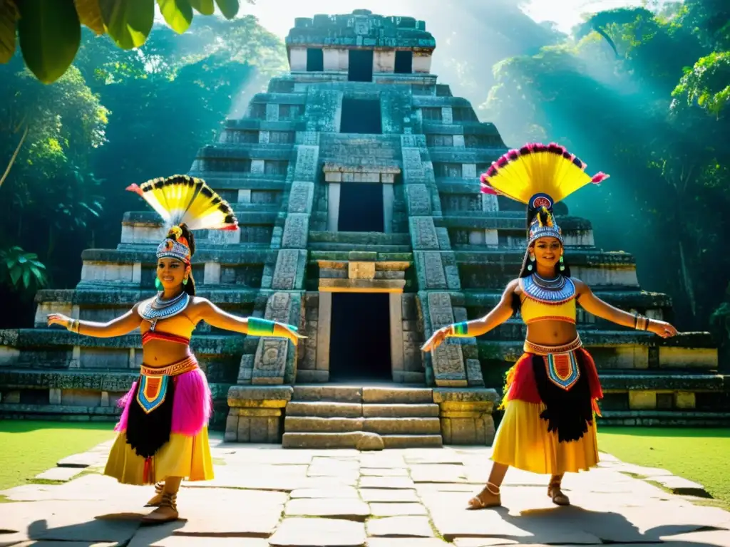 Vibrante ritual maya en ruinas ancestrales, trascendencia de los ritos dancísticos