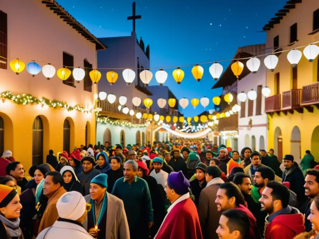 Un vibrante ritual navideño latinoamericano Las Posadas, con participantes llevando linternas y cantando en las calles decoradas