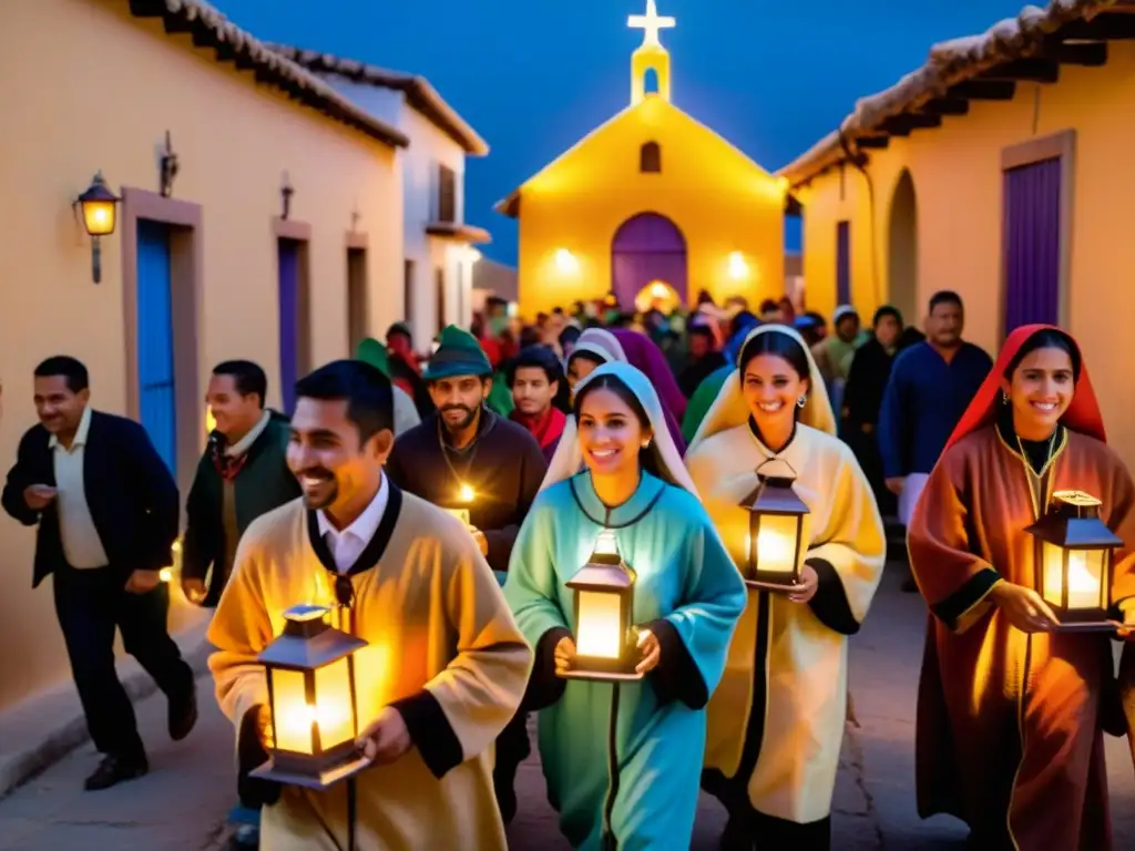 Un vibrante ritual navideño latinoamericano Las Posadas, con gente reenactando el viaje de María y José, llevando linternas y cantando villancicos