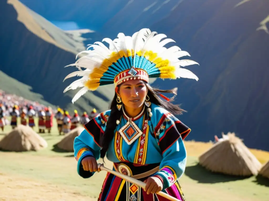 Un vibrante ritual solar sagrado corazón Andes: coloridos trajes incas, danza ceremonial bajo el cálido sol, paisaje montañoso impresionante