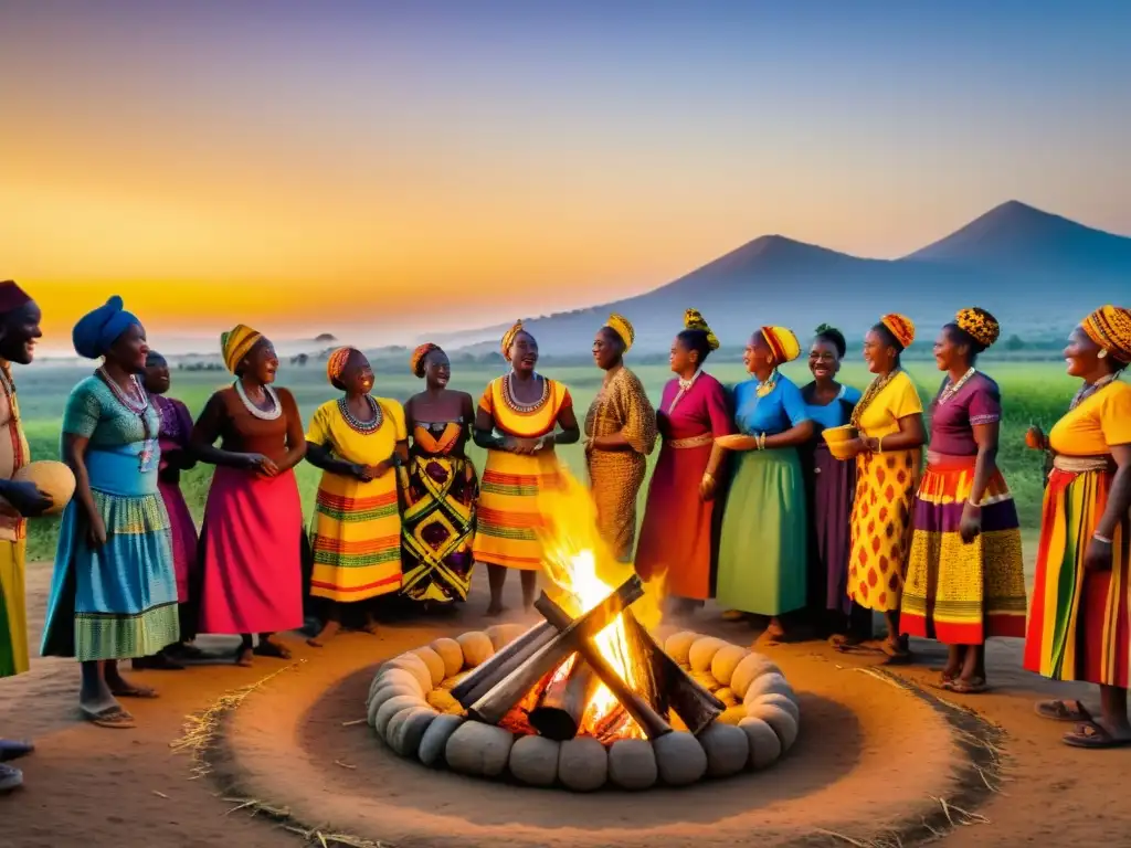 Vibrante celebración de rituales de cosecha alrededor del mundo con africanos bailando alrededor de una fogata al atardecer