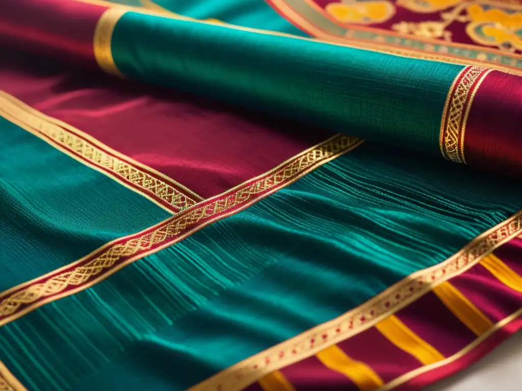 Vibrante textil sagrado con intrincados patrones y colores profundos, evocando tradición y espiritualidad en rituales